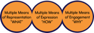 a three circle diagram depicting multiple means of Representation or What', multiple means of Expression or 'how'. and multiple means of engagement or 'why'