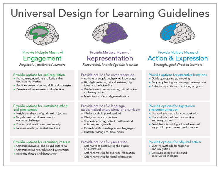 Universal Guide to LEarning Guidelines found at the UDL.org UDL Guidelines graphic organizer text despcription
This graphic organizer of the Universal Design for Learning Guidelines depicts the three main principles of UDL in three color-coded columns with numbered explanations and bulleted examples beneath each principle heading.

Principle I. Provide Multiple Means of Representation is shown on the left in dark pink and includes the following:

1. Provide options for perception: options that customize the display of information, options that provide alternatives for auditory information, options that provide alternatives for visual information.

2. Provide options for language and symbols: options that define vocabulary and symbols, options that clarify syntax and structure, options for decoding text or mathematical notation, options that promote cross-linguistic understanding, options that illustrate key concepts non-linguistically.

3. Provide options for comprehension: options that provide or activate background knowledge; options that highlight critical features, big ideas, and relationships; options that guide information processing; options that support memory and transfer.

Principle II. Provide Multiple Means of Action and Expression is shown in the center in blue and includes the following:

4. Provide options for physical action: options in the mode of physical response, options in the means of navigation, options for accessing tools and assistive technologies.

5. Provide options for expressive skills and fluency: options in the media for communication, options in the tools for composition and problem solving, options in the scaffolds for practice and performance.

6. Provide options for executive functions: options that guide effective goal-setting, options that support planning and strategy development, options that facilitate managing information and resources, options that enhance capacity for monitoring progress.

Principle III. Provide Multiple Means of Engagement is shown on the right in green and includes the following:

7. Provide options for recruiting interest: options that increase individual choice and autonomy; options that enhance relevance, value, and authenticity; options that reduce threats and distractions.

8. Provide options for sustaining effort and persistence: options that heighten salience of goals and objectives, options that vary levels of challenge and support, options that foster collaboration and communication, options that increase mastery-oriented feedback.

9. Provide options for self-regulation: options that guide personal goal-setting and expectations, options that scaffold coping skills and strategies, options that develop self-assessment and reflection.