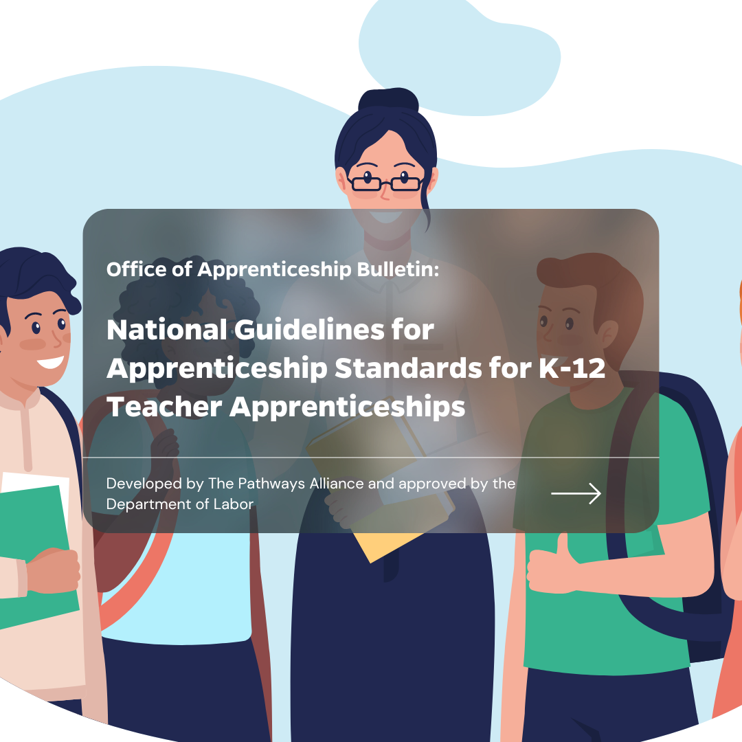 Illustration of teacher with students smiling. Text says: Office of apprenticeship bulletin. National Guidelines for apprenticeship standards for K-12 teacher apprenticeships