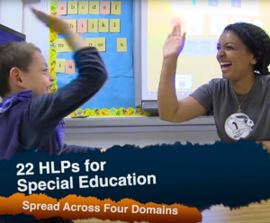 Student and teacher high- fiving. Text says: 22 HLPs for Special Education. Spread Across Four Domains