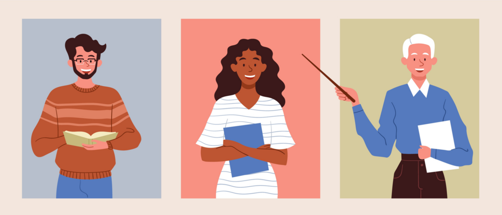 Graphic of three educators smiling on a multi colored background