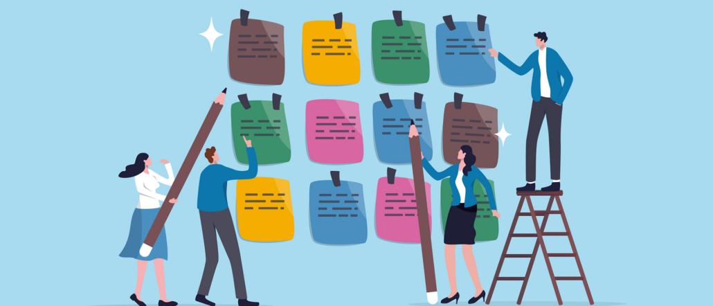 Section 3 Vector image of people putting up colorful sticky notes