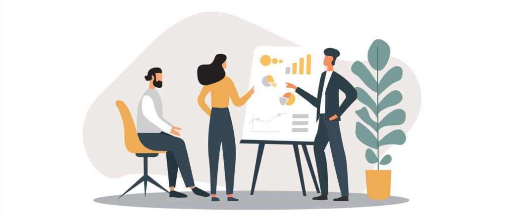 Section 4 Graphic showing three people discussing a data chart.